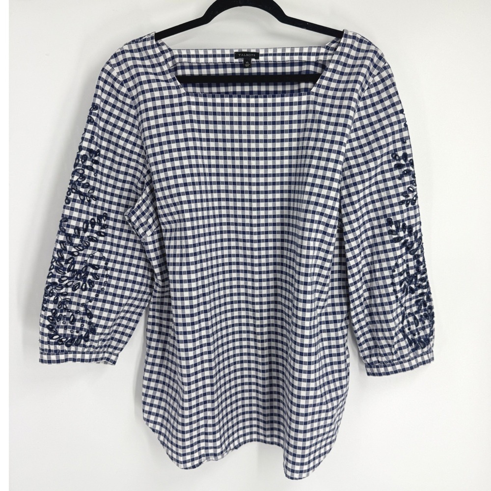 Talbots Womens XL Blue Gingham Square Neck Embroidered 3/4 Sleeve Cotton Blouse